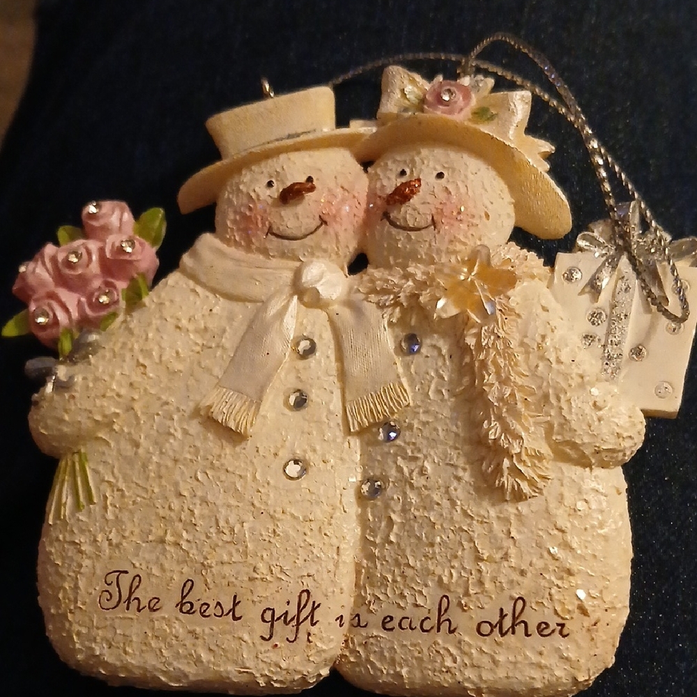 Charming Snowman Couple Ornament - Cream and Pink "Best Gift Is Each Other"